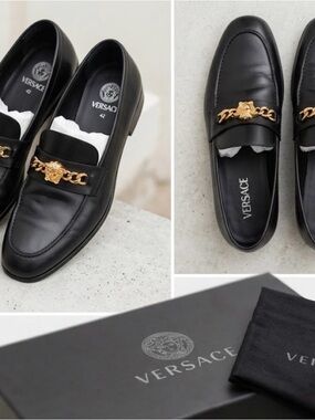 Versace Black Leather Loafers with Gold Medusa Chain